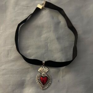 Black Velvet Choker with Silver and Red Heart Pendant
